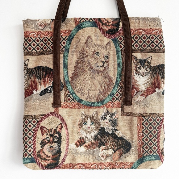 Cat Tapestry Tote Bag Brown Shoulder Purse - Picture 4 of 13